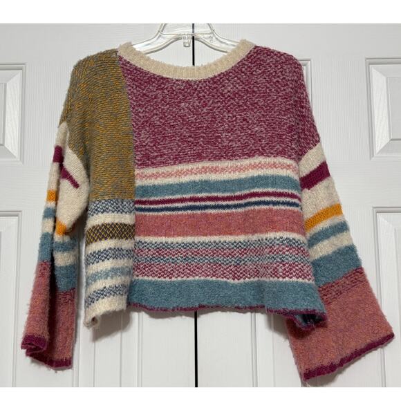 fab'rik Color-Blocked Striped Fuzzy Wool Blend Cropped Sweater, Size M - Picture 2 of 5
